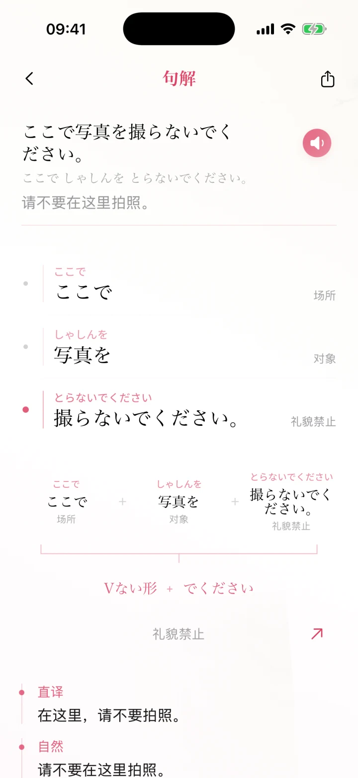 句解真实截图：ここで写真を撮らないでください，按场所、对象和礼貌禁止拆分短语，并展示语法结构